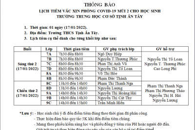 LỊCH TIÊM VẮC XIN MŨI 2 CHO HS KHỐI 7,8,9