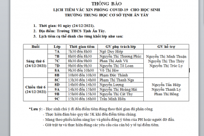 LỊCH TIÊM VẮC XIN CHO HS KHỐI 7, 8, 9