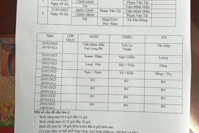 LỊCH TRỰC TẾT QUÝ MÃO 2023